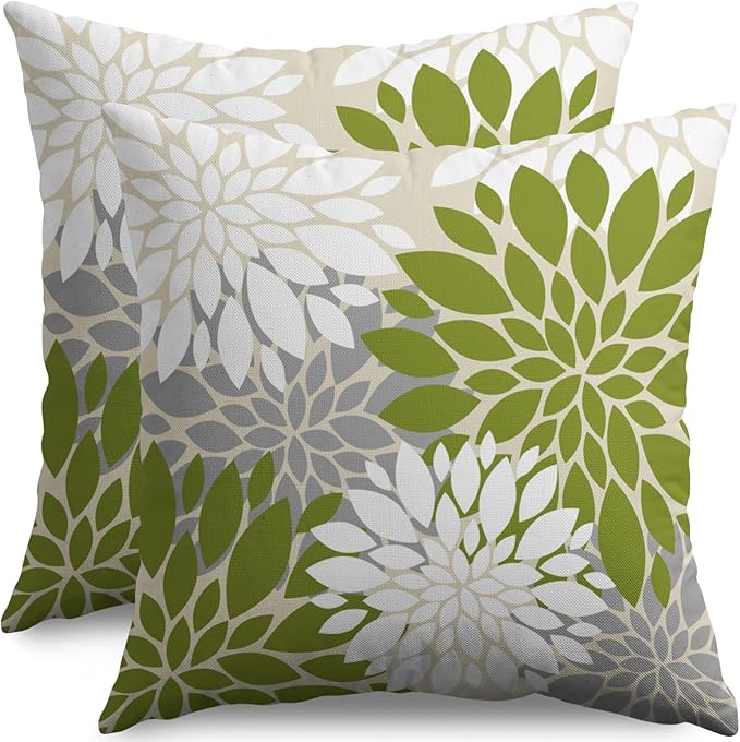 Lime Green White Grey Gray Pillow Covers 24X24 Inch Set of 2, Modern Dahlia Floral Print Decorative Throw Pillow Covers Outdoor Farmhouse Cushion Case for Home Couch Sofa Bed Decoration
