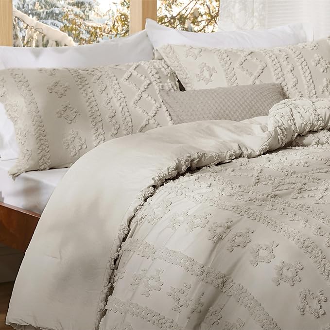 Bedsure Tufted Boho Comforter Set California King Size - Linen Boho Bed Set, GentleSoft™ 3 Pieces Farmhouse Shabby Chic Embroidery Bedding, Gifts for Woman, Soft Jacquard Comforter for All Seasons