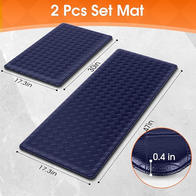 Kitchen Mats, 2PCS Kitchen Rugs, Cushioned Anti Fatigue Kitchen Mats for Floor, Non-Slip Standing Desk Mat, Waterproof Kitchen Rug Set for Kitchen, Floor, Office,17.3"×30"+17.3"×59",Blue