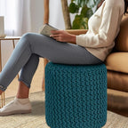 COTTON CRAFT Braided Round Pouf - Hand Knitted Cotton Cord Cable Dori Cylindrical Ottoman - Foot Stool - Floor Pouf - Footrest - Accent Seat - Living Room Bedroom Dorm Décor - 15 Round x 16 H - Teal