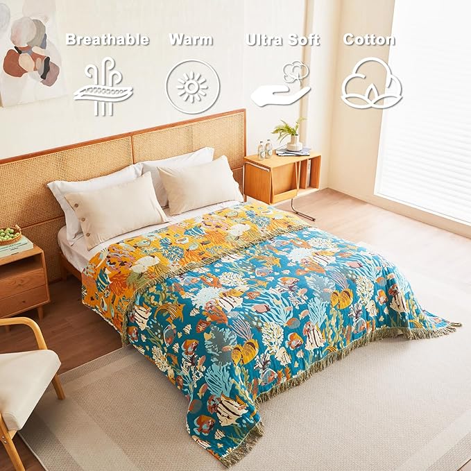 Throw Blanket for Bed 100% Cotton Blankets for Bedroom Living Room Spring Twin All Season Underwater Ocean Life Embroidery Reversible Breathable Quilt for Couch Sofa Coastal Home Decor 60"x80"