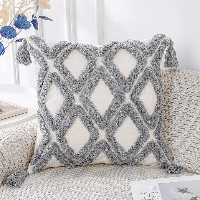 PANOD Super Soft Farmhouse Decorative Plush Throw Pillow Covers 18 x 18 Grey,Solid Diamond Pattern Tufted with Tassels Modern Accent Boho Square Cushion Cover Pillow Case for Couch Sofa