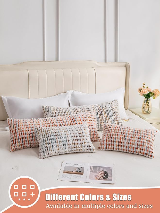 Decorative Boho Lumbar Pillow Covers 1 Pack 14x36 Inch Farmhouse Tufted Long Accent Body Pillow Covers for Bed, Neutral Fluffy Boho Throw Pillowcase for Couch Bedroom, Home Décor, Brown White