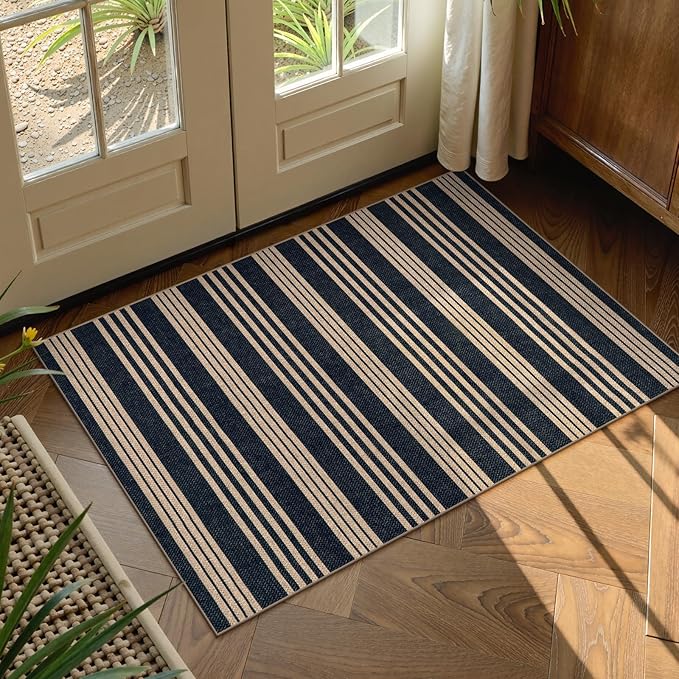 Lahome Elance Striped Easy Jute Front Door Mat, 2x3 Washable Kitchen Rug Small Indoor Outdoor Rugs for Entryway, Farmhouse Neutral Lightweight Non Slip Black Carpet for Foyer
