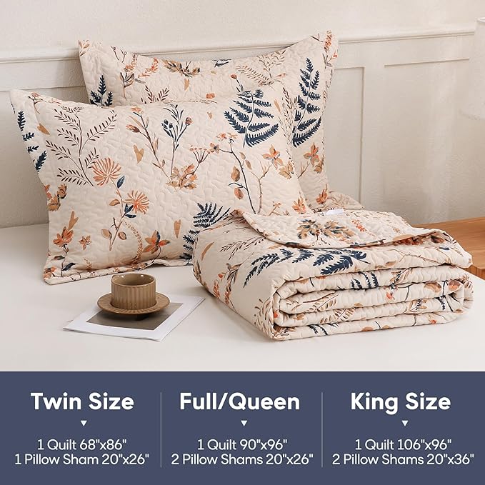 JSD Floral Quilt Set Full/Queen Size, 3 Piece Printed Bedspreads Coverlet with Pillow Sham, Soft Microfiber Quilted Blanket