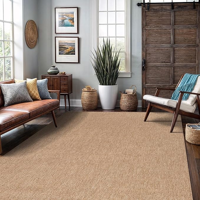 Washable Easy Jute Rug 9x12, Indoor Outdoor Rugs Natural Color Farmhouse Area Rugs for Living Room, Kitchen Rug High Traffic Area, Easy to Clean Solid Boho Woven Design Outside Carpet (9 X 12 Natural)