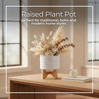 Tribal Look Footed Decorative Planter Pot – Ceramic Stoneware Outdoor and Indoor Plant Pot – Modern Garden and Home Decor Ceramic Planters with Wooden Stand– 8", White