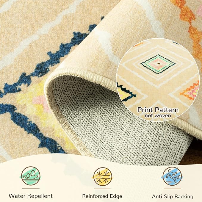 Area Rug 6x9 Rug Machine Washable Non-Slip Low Pile Print Pattern Western Rug for Living Room Bedroom Entryway Tribal Series -Cream/Beige