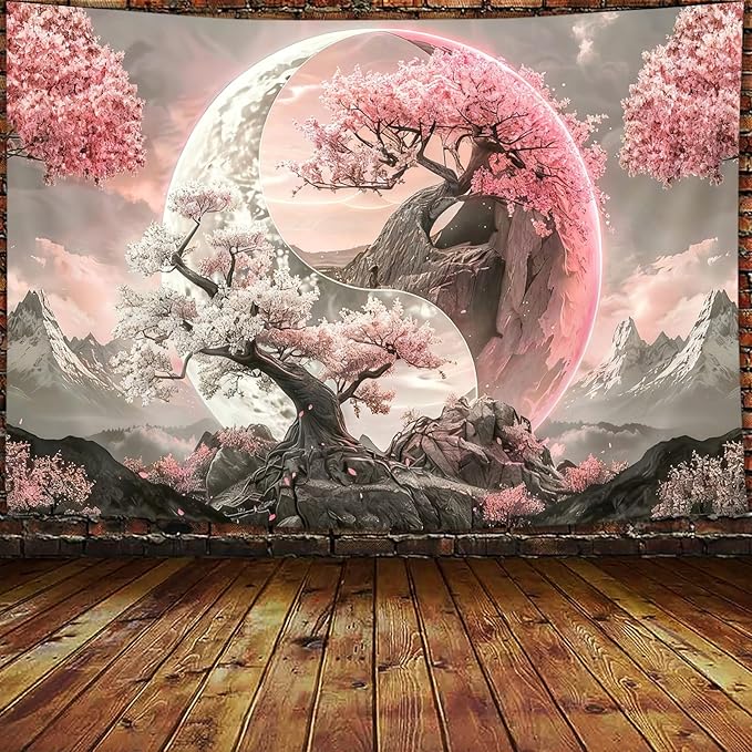 Tree Life Tapestry Aesthetic, Colorful Pink Flowers Sun and Moon Art Tapestry Wall Hanging for Girls Bedroom, Cool Nature Galaxy Yin Yang Anime Tapestries Poster of Dorm Home Decor 60X40 Inches, Pink