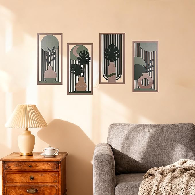 suruim Boho Wall Art Set of 4, Abstract Geometric Wooden Wall Decor, Mid-Century Modern Aesthetic Artwork with Arch, Vase & Botanical Design for Modern Home Decor for Bedroom, Office & Living Room(D)