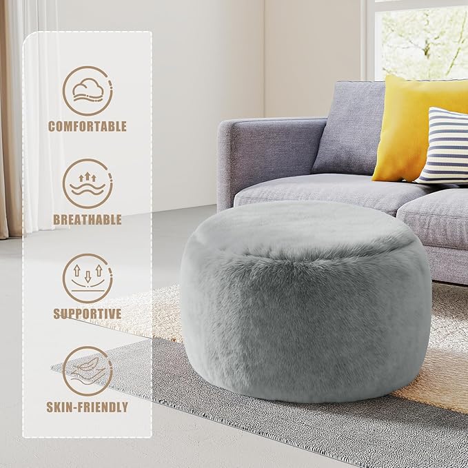Round Pouf Ottoman Foot Rest, 29 X 18Inch Floor Poufs Footstool, A Round Modern Foam Filled Foot Stool for Living Room, Home, Nursery, Dorm (Grey, 29Inch)