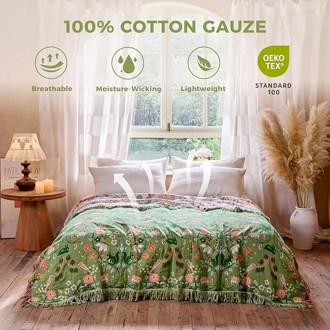 Boho Throw Blanket for Bed 100% Cotton Soft Breathable Quilt Room Decor Bed Blankets,Floral Garden Embroidery All Season Green Reversible Blankets for Sofa Couch Chair 80"x90"