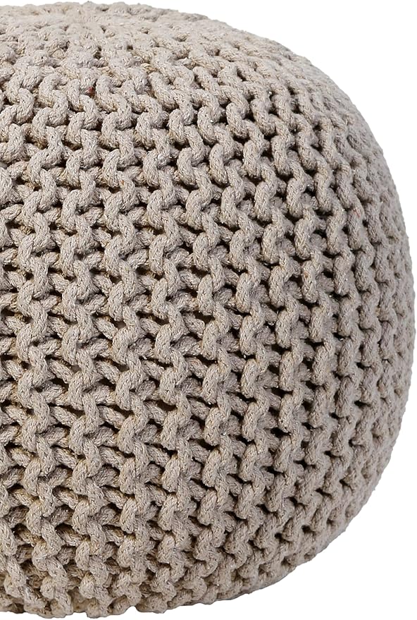 COZY TRENDS Hand Knitted Upholstered Pouf Cotton Braid Cord Cable Ottoman - Foot Stool - Accent Seat Furniture Bean Bag 18x18x14 Inches (Beige)