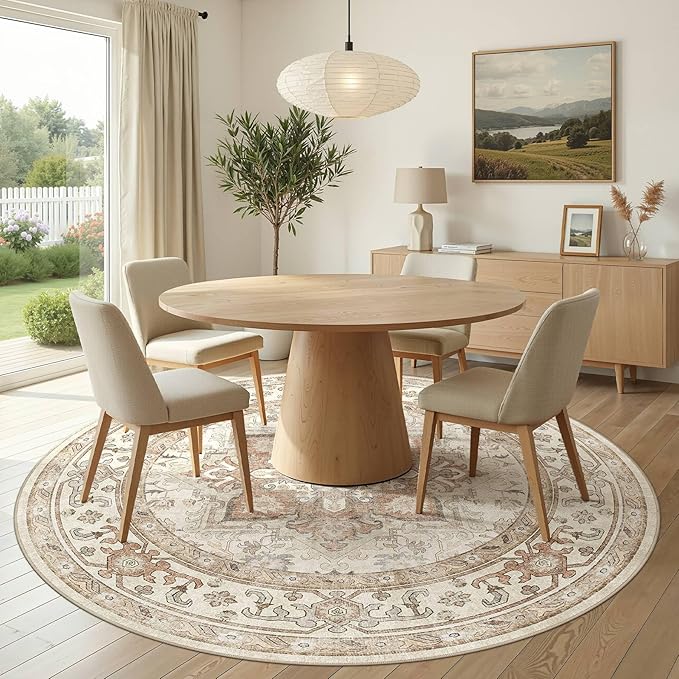 Round Washable Area Rug 8ft, Boho Vintage Distressed Oriental Medallion, Neutral Blue, Thin Carpet for Living Room Bedroom Home Office Decor