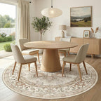 Round Washable Area Rug 8ft, Boho Vintage Distressed Oriental Medallion, Neutral Blue, Thin Carpet for Living Room Bedroom Home Office Decor