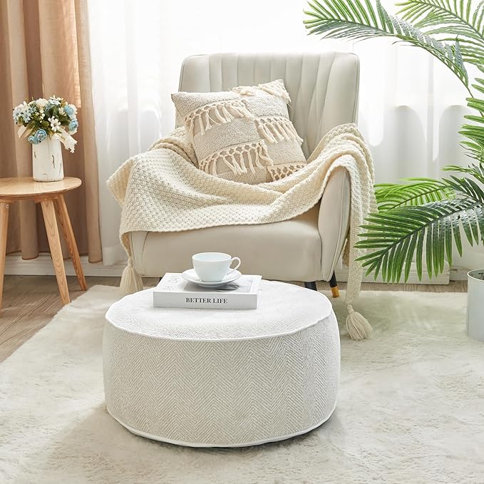 Inflatable Pouf Ottoman, 21x10 Inches Stuffed Chenille Ottoman with Inflatable PVC Liner, Foot Rest with Portable Handle, Round Floor Pillow for Living Room, Bedroom, Kids Room