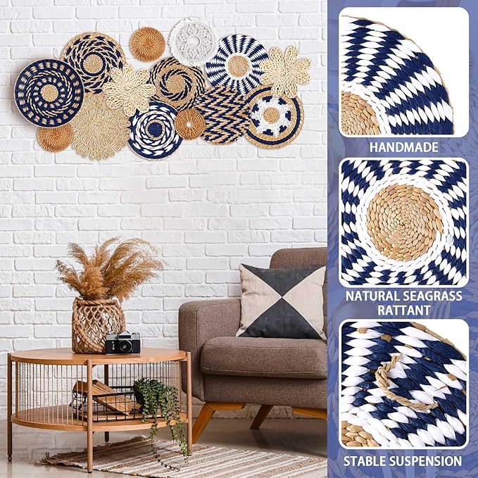 Xuhal 15 Pcs Boho Wall Basket Decor Handcrafted Seagrass Woven Wall Basket Rustic Round Woven Hanging Art for Home Farmhouse Kitchen Table Living Room(Blue Classic Style)