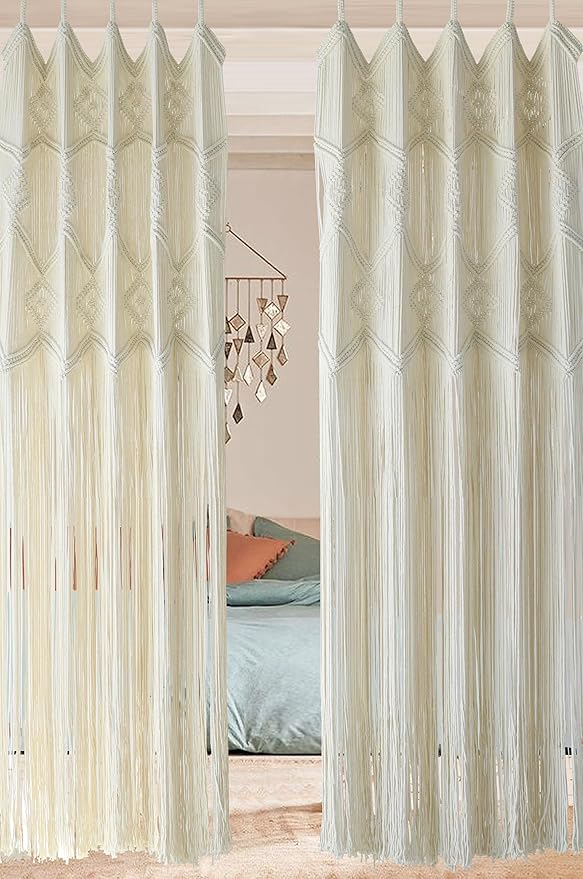 IOWER Macrame Curtains Windows 2 Panels 50" Wx75 L Macrame Closet Doorway Boho Curtains Long Macrame Decor Wedding Backdrop