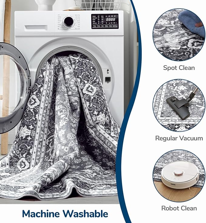 Lessymo 4 x 6 Area Rugs for Living Room- Machine Washable Area Rugs Boho Faux Wool Low Pile Area Rug for Bedroom Floral Medallion Vintage Rugs with Non-Slip Rubber, Grey White