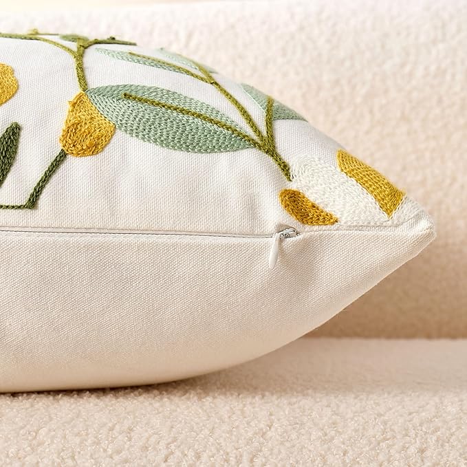 Embroidered Floral Throw Pillow Covers Summer Decorative Couch Pillow Covers Farmhouse Green Floral Tufted Pillow Covers 20x20 Square Cushion Cases Set of 2 for Living Room Couch Sofa Bed Home Decor