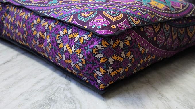 CRAFT KALA Mandala Floor Pillow Cushion Cover Seating Throw Cover Hippie Decorative Bohemian Ottoman Poufs Pom Pom Pillow Cases Boho Indian Cotton Living Room Yoga Home Décor 35" Square New Pink Ombre
