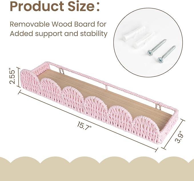 AELS Scalloped Nursery Bookshelf, Set of 3, Picture Ledge Shelf for Wall Decor, Woven Natural Fibre Floating Shelves for Books, Toys, Photo Frame, Nursery, Boho Modern Farmhouse Book Shelf, Pale Pink
