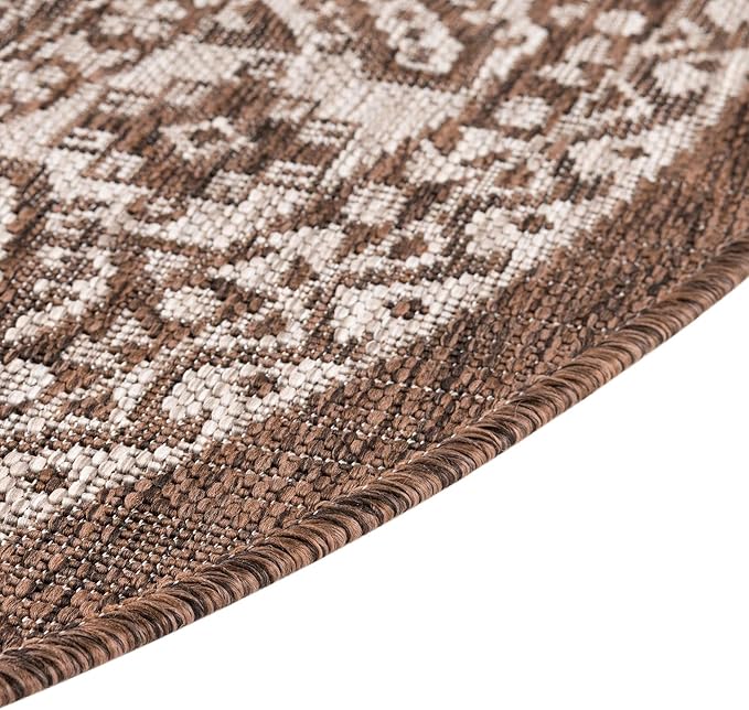 Rugs.com Outdoor Aztec Collection Rug – 8 Ft Round Brown Flatweave Rug Perfect for Kitchens, Dining Rooms