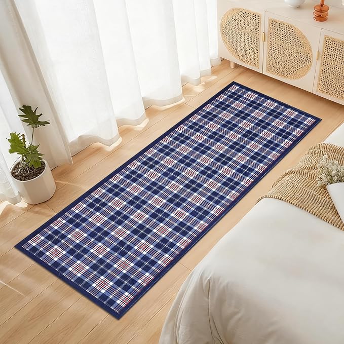 GarveeHome Checkered 2x6 Runner Rug, Machine Washable Stain Resistant Rug with Non Slip Backing, Carpet with Low-Pile for Hallways Kitchen Entryway Bedroom Living Room Blue