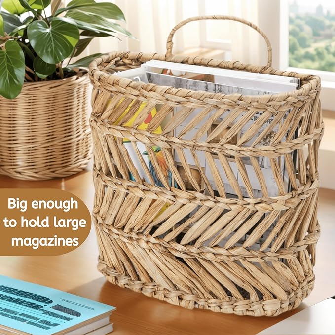 YOUEON Large Woven Hanging Storage Basket, 12x5x14 Inch Natural Water Hyacinth Wall Basket with Sturdy Iron Frame, Handwoven Front Door Flower Baskets for Home Garden, Boho Decor