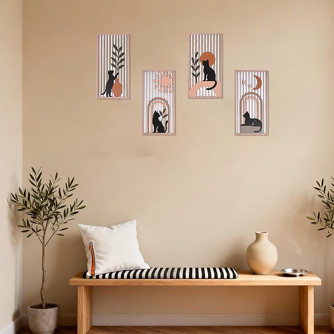 suruim Black Cat Wall Art Set of 4, Cat Wall Decor & Black Cat Decor, Mid-Century 3D Wooden Cat Art Wall Decor for Bedroom Living Room Office Boho Home Decor