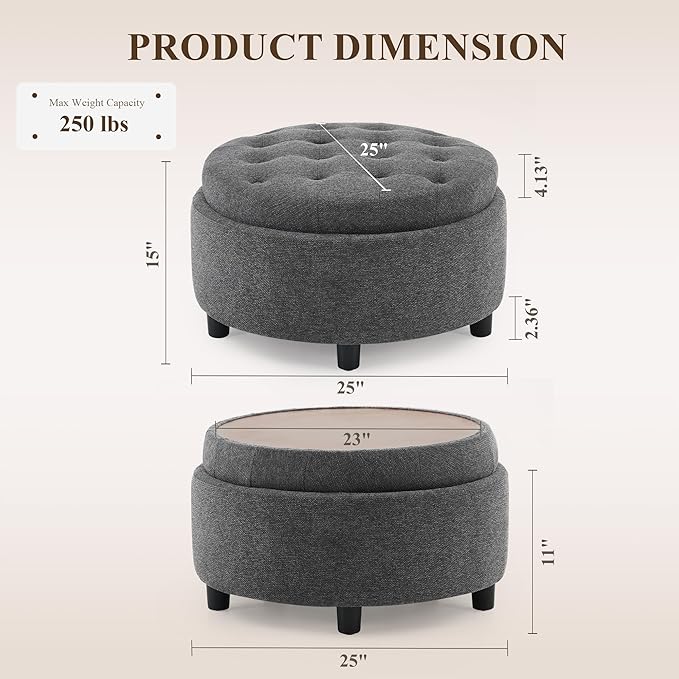 COLAMY Fabric Round Storage Ottoman with Reversible Tray Lid – Multi-Functional Footrest, Hidden Storage, Sturdy & Stylish Small Coffee Table for Living Room, Bedroom, or Entryway(Dark Grey)