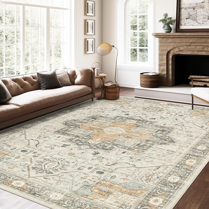 8x10 Area Rugs for Living Room, Vintage Washable Rug with Non-Slip Backing, Stain Resistant Large Area Rug for Dining Room, Soft Rugs for Bedroom (Orange/Light Grey, 8'x10')