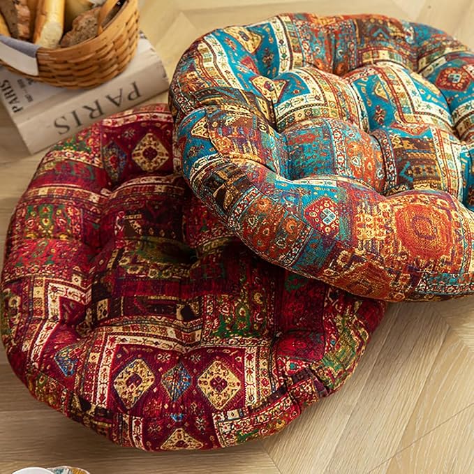 Round Bohemian Floor Pillow, Meditation Floor Seat Cushion, Large Soft Cotton Linen Pillows for Yoga Living Room Balcony Outdoor Tatami, 22x22 Inches (Blueflower Round)