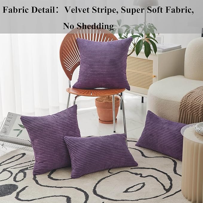 Home Brilliant Purple Decorative Pillows Solid Striped Corduroy Plush Velvet Pillow Covers for Couch Sofa Bed, 50cm, 20 x 20 Inch, Eggplant
