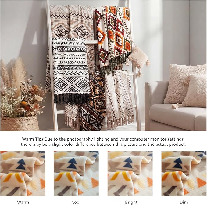 CASAAGUSTO Boho Throw Blanket - Colorful Decorative Blankets with Tassel, Printed Flannel Bohemian Blanket for Chair, Bed, Sofa, Couch(50 * 60, Colorful)