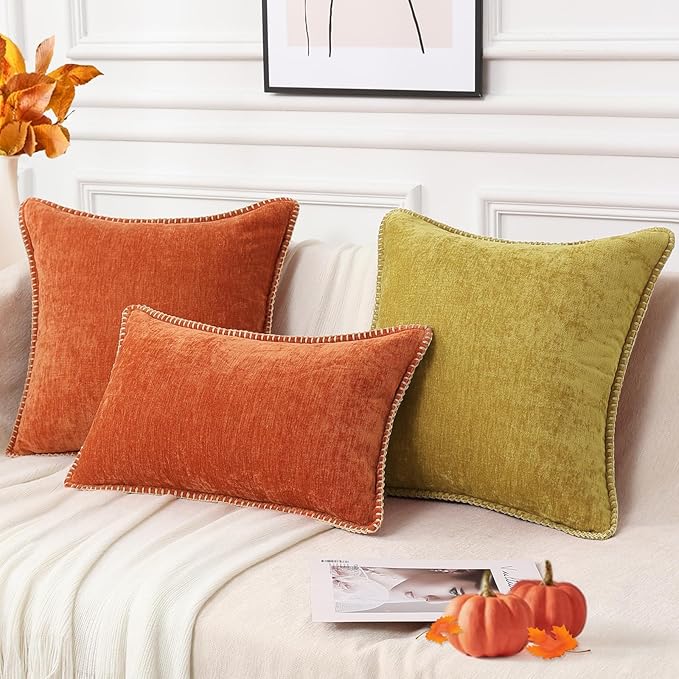 decorUhome Chenille Soft Cozy Throw Pillow Covers 26x26 Set of 2, Modern Farmhouse Boho Velvet Decorative Euro Sham Pillow Cases with Stitched Edge for Couch Sofa Bed Home Decor, Rust