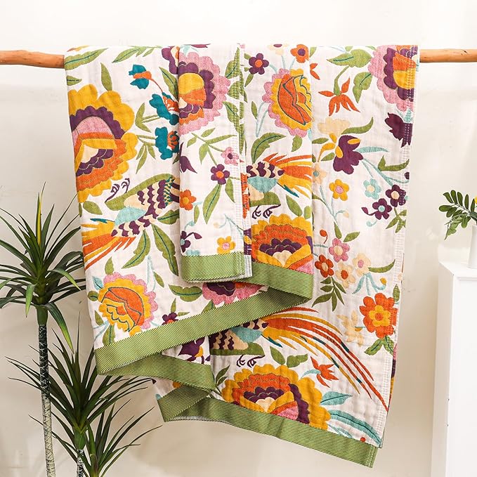 Boho Throw Blanket for Bed Couch 100% Cotton Ultra Soft Large Rustic Quilt King Blanket,Bird Floral Printed Farmhouse Bed Blankets 90"×98", Decorative Reversible Muslin Bed Cover for All Seasons