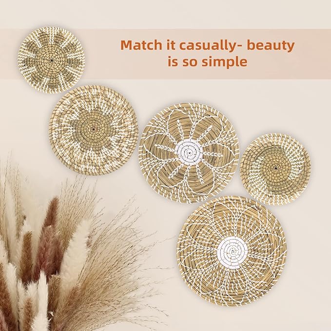 Boho Wall Basket Decor Set of 6 - Hanging Woven Basket Wall Decor, Handcrafted Round Flat Seagrass Baskets Wall Art, for Rustic、Farmhouse、Home - Unique Wicker Wall Basket Decor （White Classic）
