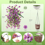 Artificial Flowers Hanging Baskets, 4 Bundles Outdoor Hanging Basket Spring Summer Decoration, No Fade Realistic Fake Flowers Plants for Porch Patio Balcony Home Yard Decor(Purple)