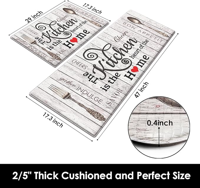 Arttown Farmhouse Anti-Fatigue Kitchen Rug Set of 2 Heart Home Brown Grey Vintage Cushioned Floor Standing Mat Waterproof Non-Slip Kitchen Mat and PVC Ergonomic Comfort Foam Rug