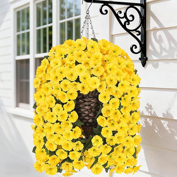 HyeFlora Artificial Fake Hanging Flowers Plants Baskets for Outdoor Outside, Faux Silk Yellow Morning Glory Flowers UV Resistant Look Real Hanging Planter for Home Porch Patio Balcony Yard Decor
