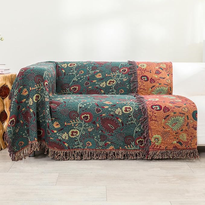 Boho Fall Throw Blanket for Bed,100% Ultra Cotton Soft Breathable Bed Throw Floral Printed Farmhouse Decor Rustic Bed Throws for Couch Sofa Quilt 80" x 90"