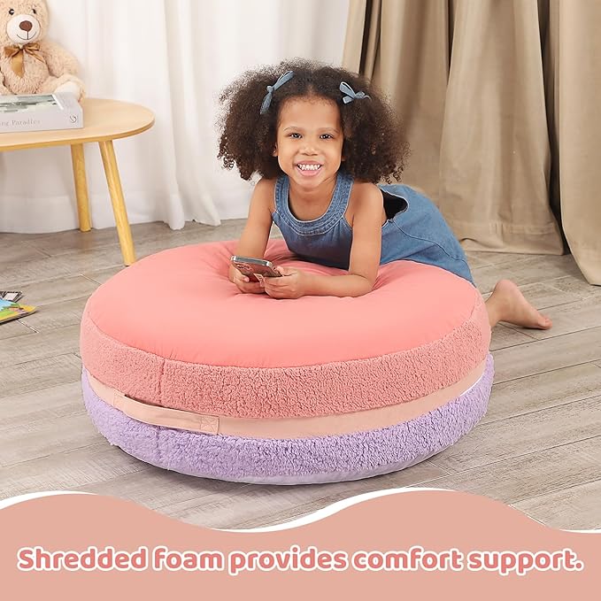Macaron Bean Bag Chair for Kids and Teens, Medium Bean Bag Sofa with Memory Foam Filling, 27.5"×27.5"×13.5", Purple and Red