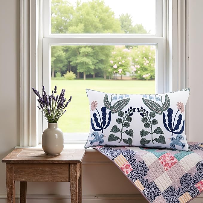Tosleo Embroidered Pillow Covers 12x20 Set of 2 Green Leaves with Birds Floral Tufted Pillowcases Spring Summer Decorative Coastal Pillow Cushion Cases Lumbar Navy Blue Flower Pillow Case