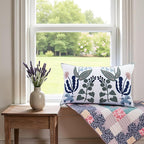 Tosleo Embroidered Pillow Covers 12x20 Set of 2 Green Leaves with Birds Floral Tufted Pillowcases Spring Summer Decorative Coastal Pillow Cushion Cases Lumbar Navy Blue Flower Pillow Case
