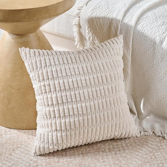 Fancy Homi Set of 4 Grey and White Decorative Throw Pillow Covers 16x16 Inch for Couch Bed Chair, Modern Farmhouse Boho Room Decor, Soft Fuzzy Double Sided Corduroy Textured Striped Cushion Case 40cm