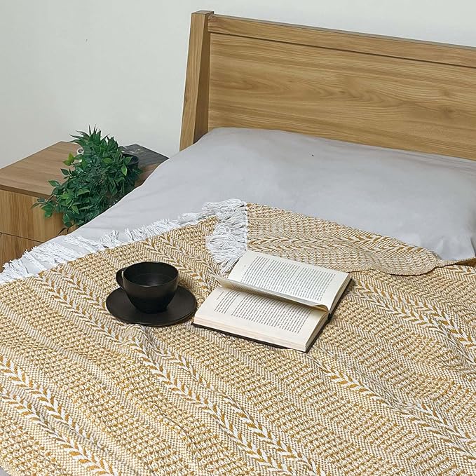 Chardin home Yellow Braided Waffle Weave Throw, 50x60 Inch Recycled Cotton- Large, Wearable, Breathable, Skin-Friendly Everyday use Blanket for Couch, Bed, Sofa - Soft Lightweight Picnic Rug