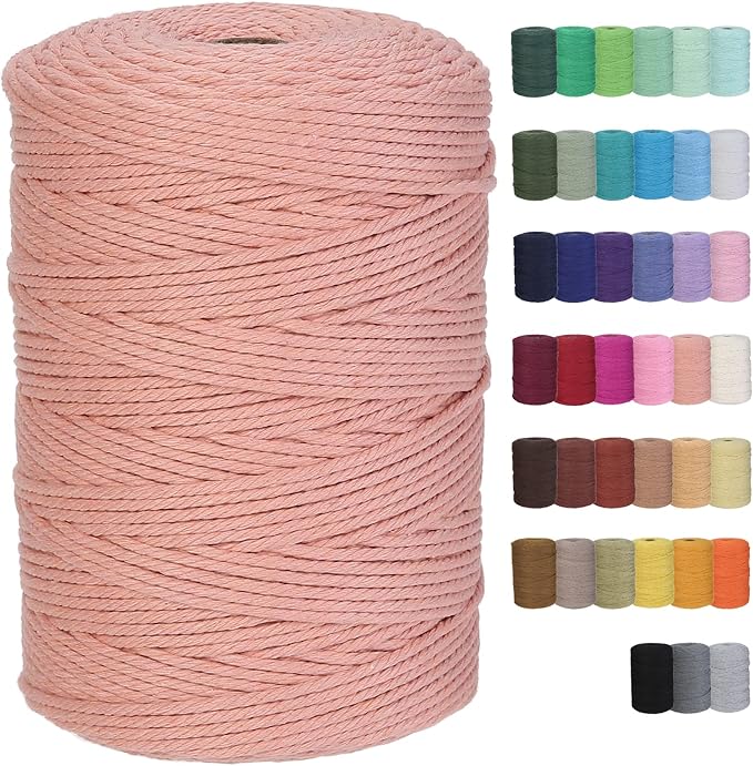 Cotton Macrame Cord 3mm 328yards Natural Colored Macrame Supplies, Soft Craft Cotton Rope for Plant Hanger Wall Hanger Dreamcatcher (Brick Pink)