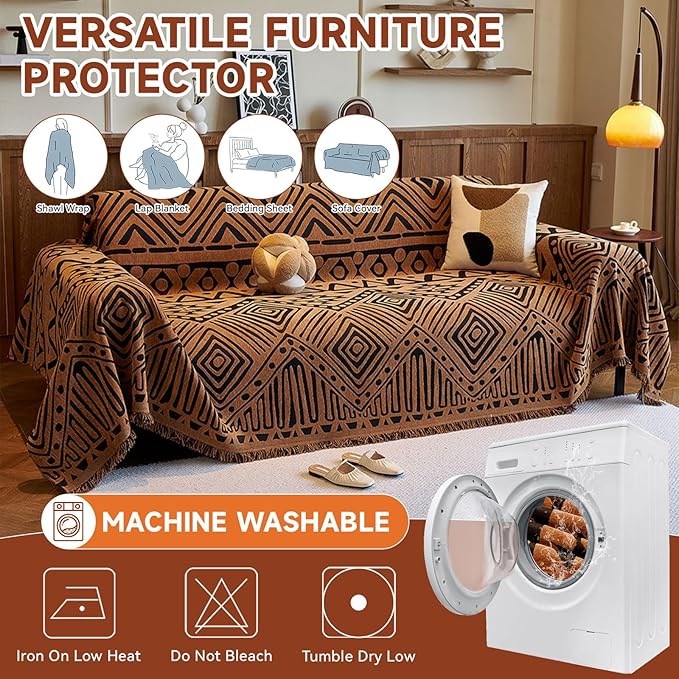 VClife Boho Couch Covers Washable Sofa Cover for Sofa, Luxury Sectional Couch Cover Chenille for 3 Cushion Couch, Anti Slip Pet Sofa Slipcover Dog Couch Cover Throw, Black Pumpkin Geometry, 71"x150"