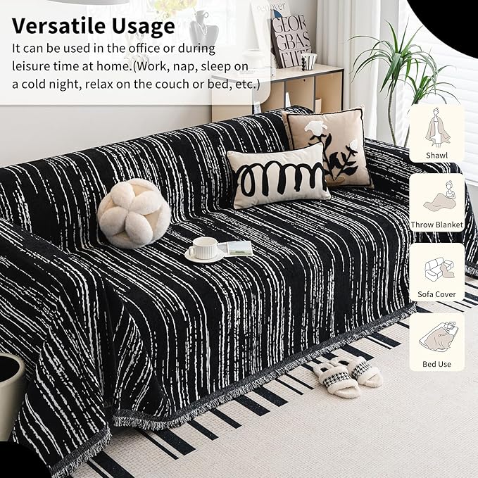 Chenille Couch Cover Pet Friendly, Sofa Cover Washable, Reversible Sofa Slipcover for Sectional Sofa, Loveseat, 2 or 3 Cushion Couch, Corner Sofa, Futon Cover (71" X 118", Black)